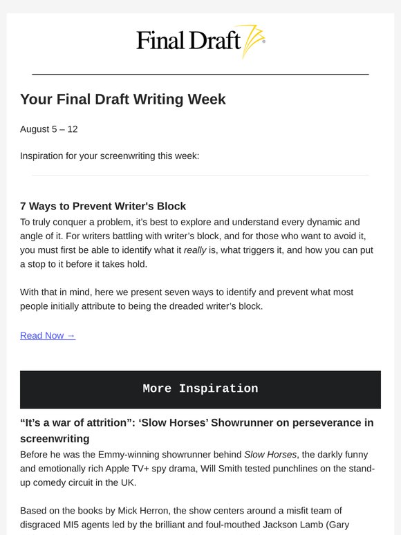Your Final Draft Weekly Digest: August 5 – 12