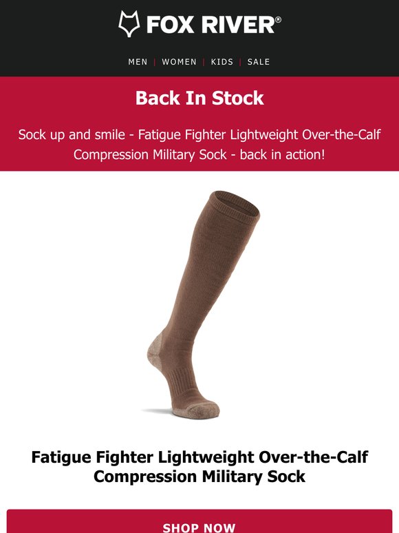 Restock alert 🚨 the Fatigue Fighter Lightweight Over-the-Calf Compression Military Sock is back