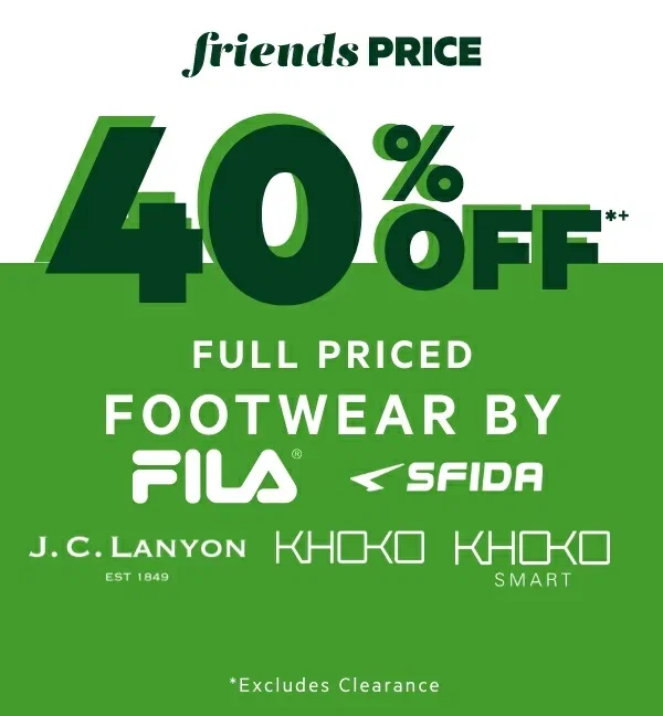 40% OFF*+ Full Priced Footwear by Fila, Sfida, J.C Lanyon, Khoko and Khoko Smart