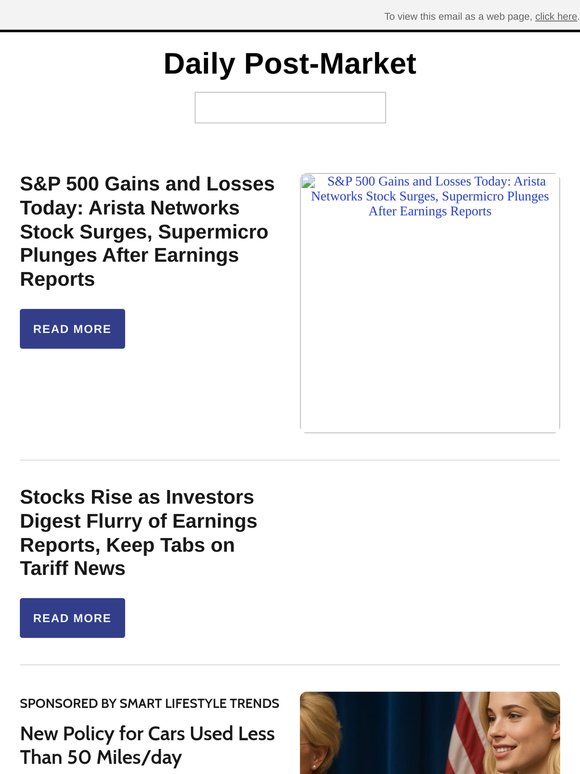 S&P 500 Gains and Losses Today: Arista Networks Stock Surges, Supermicro Plunges After Earnings Reports