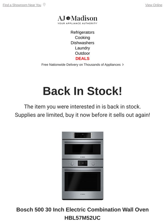 Back in stock! Bosch 500 30 Inch Electric Combination Wall Oven HBL57M52UC