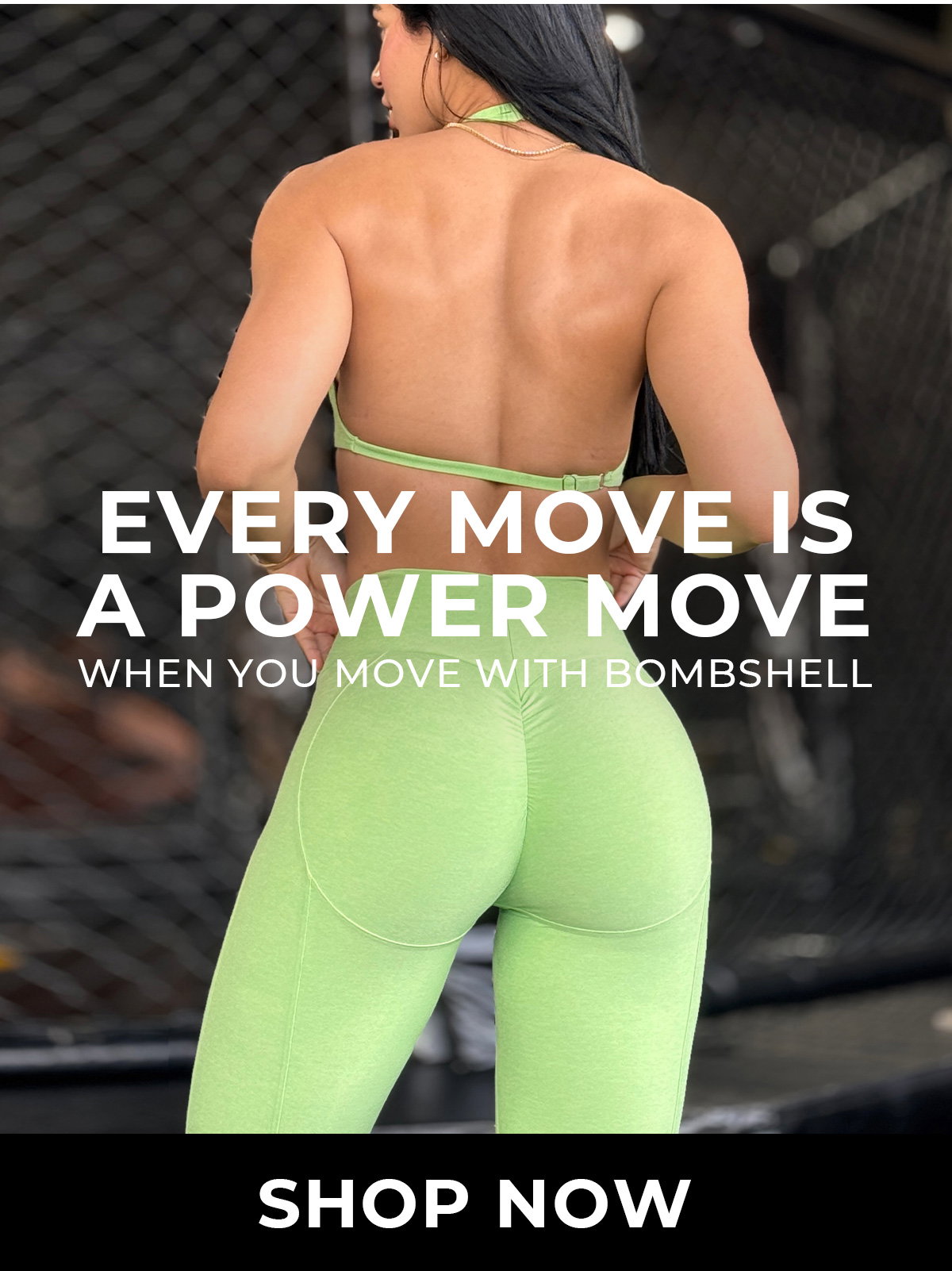 Back view Lifestyle image of model in Uplift Peach Leggings Electric Green