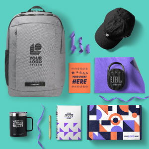 An assortment of customizable gear including a backpack, hat, notebook, mug, and speaker.