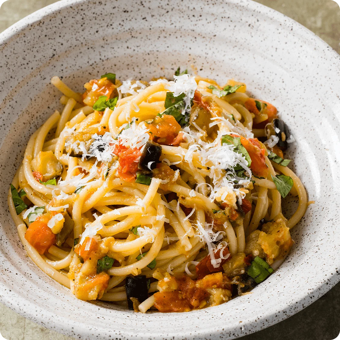 Bucatini with Eggplant and Tomatoes