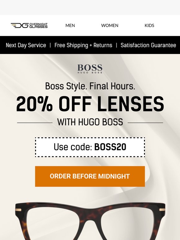 🔥 Last Chance: 20% OFF Lenses with Hugo Boss Frames