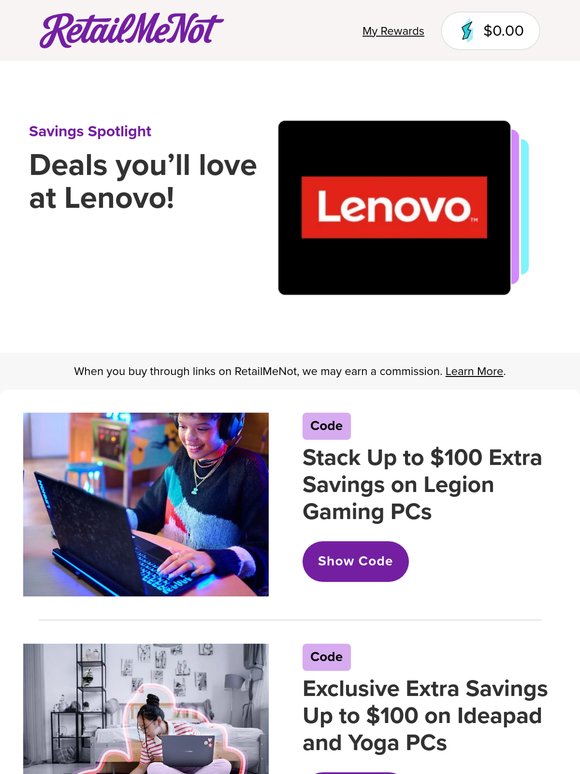 💻 Lenovo: Up to $100 Extra Savings + 8% Cash Back & More!