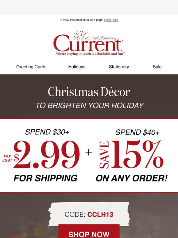 15% off + $2.99 shipping on all your Christmas essentials
