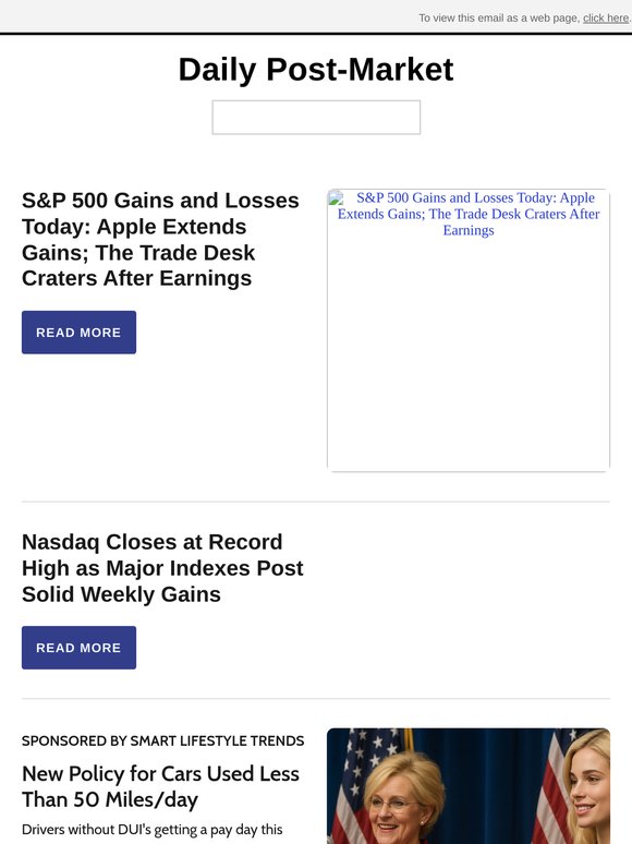 S&P 500 Gains and Losses Today: Apple Extends Gains; The Trade Desk Craters After Earnings