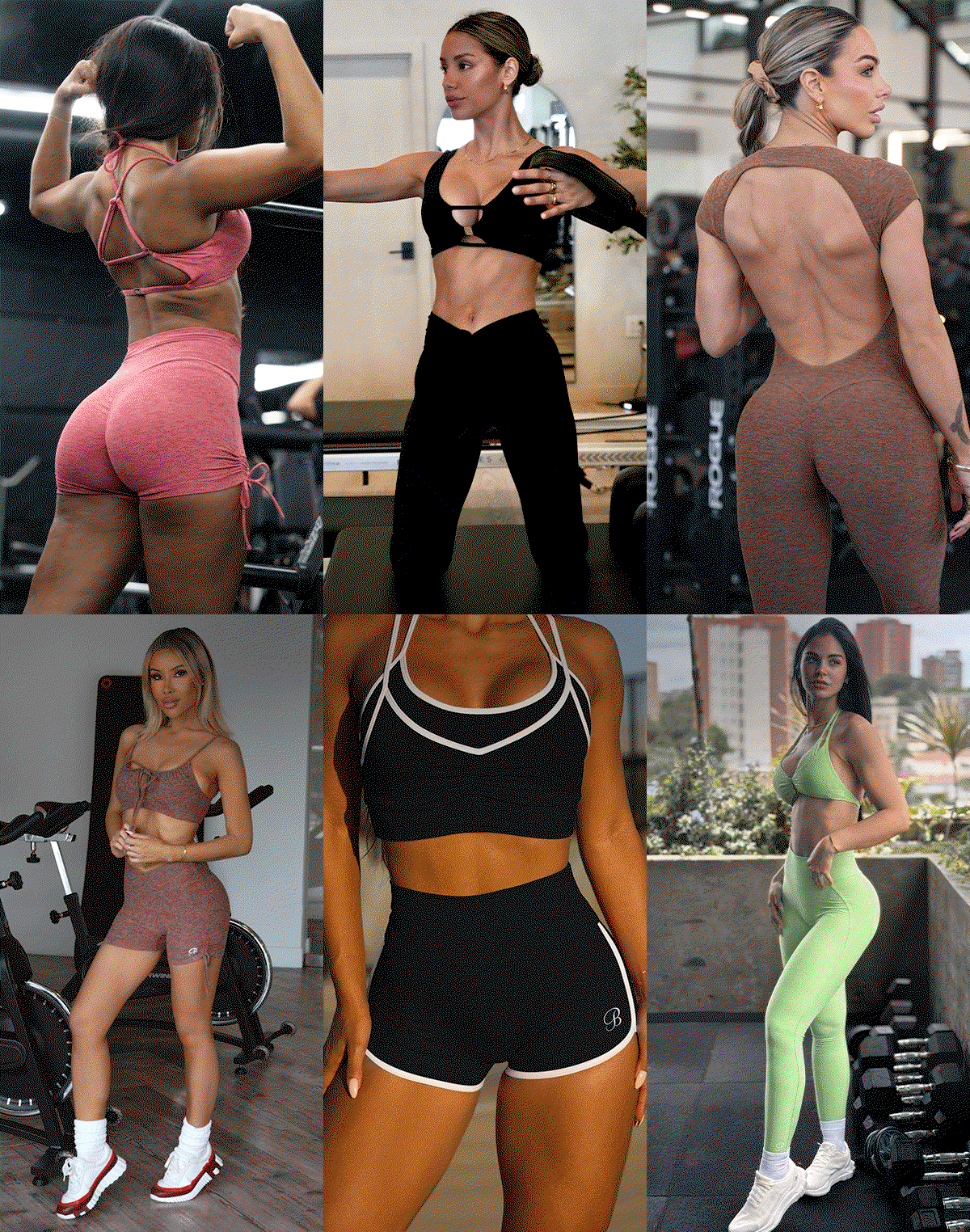 images of different models wearing Bombshell Sportswear sets with animated text