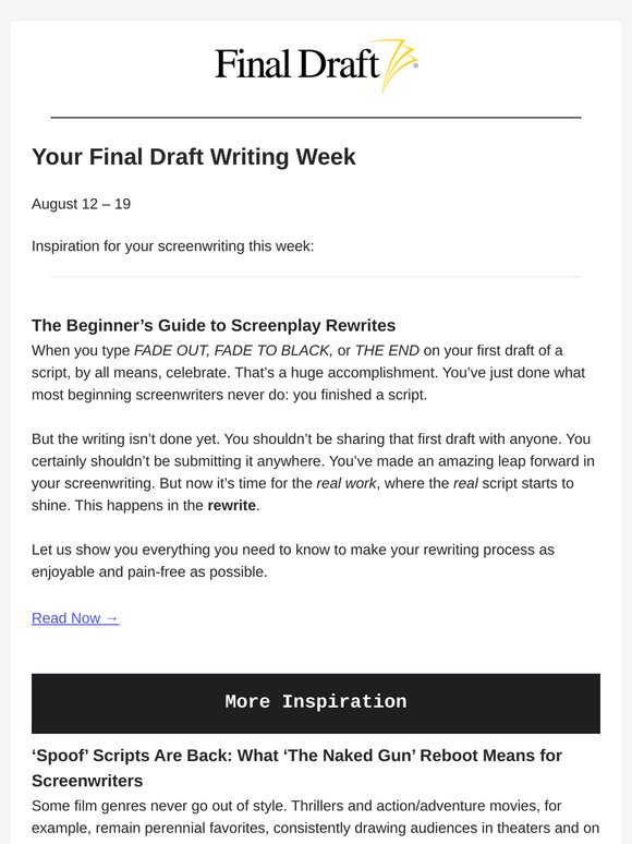 Your Final Draft Weekly Digest: August 12 - 19