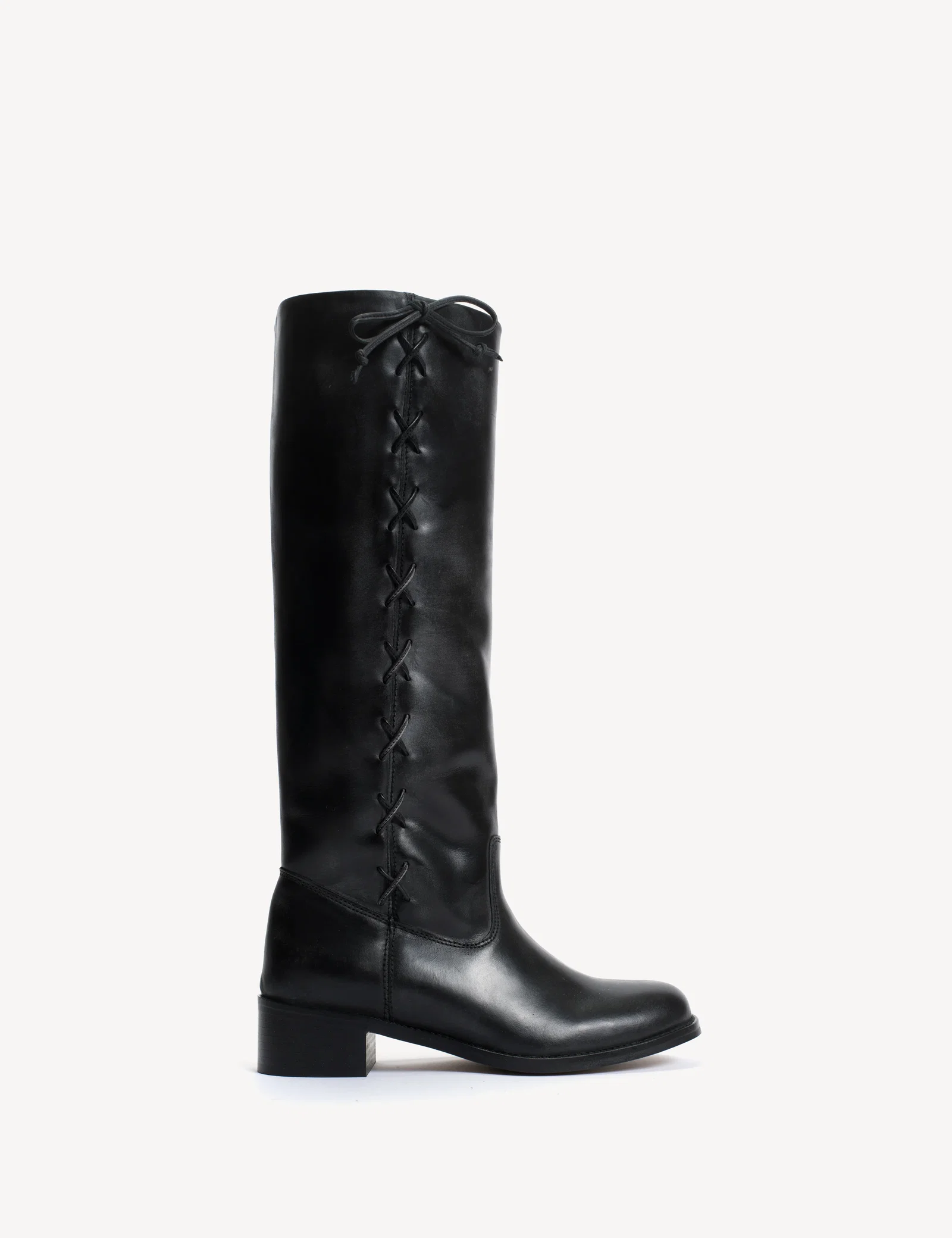 Image of Ann Gaucho Boot With Laces In Black Escovado Leather