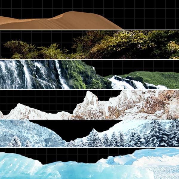 Collage of environments ranging from Hot to Polar. 