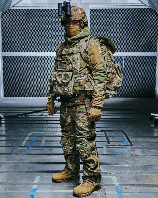 Warfighter wearing Beyond Clothing in a testing chamber.