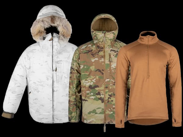 Image collage of 3 Beyond Clothing products. The Chosin ECW Parka, Trail Jager Jacket and the L2 Krios Pullover. 