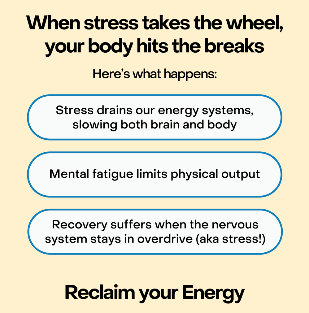 When stress takes the wheel, your body hits the breaks. Here's what happens: - Stress drains our energy systems, slowing both brain and body - Mental fatigue limits physical output - Recovery suffers when the nervous system stays in overdrive (aka stress!) 