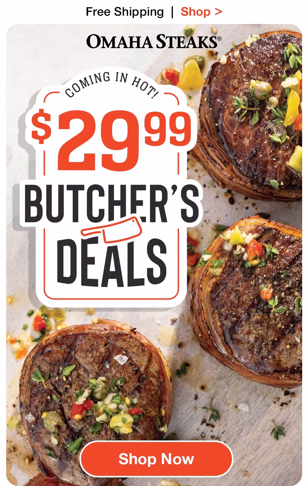 Free Shipping | Shop >  OMAHA STEAKS® | COMING IN HOT, $29.99 | BUTCHER'S DEALS || Shop Now
