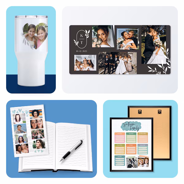 Photo gifts, including a travel tumbler, a photo book, a notebook and a white board.