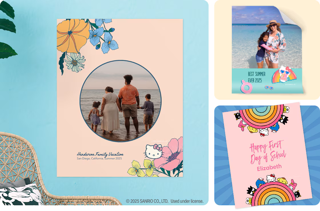 Three Hello Kitty posters. Two show families at the beach, and the third poster has Hello Kitty characters around a design with the, Happy first day of school, Elizabeth in the middle. Copyright 2025 Sanrio Co., L T D. Used under license.