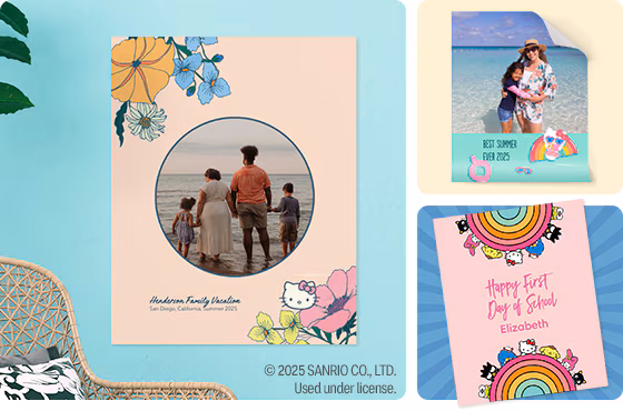 Three Hello Kitty posters. Two show families at the beach, and the third poster has Hello Kitty characters around a design with the, Happy first day of school, Elizabeth in the middle. Copyright 2025 Sanrio Co., L T D. Used under license.