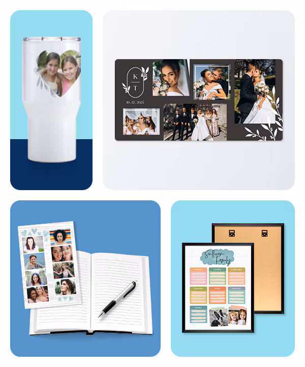 Photo gifts, including a travel tumbler, a photo book, a notebook and a white board.
