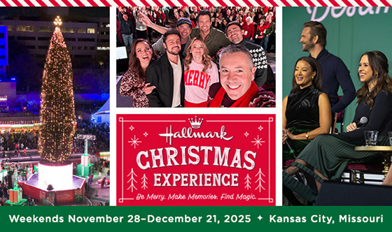 Collage of Hallmark Christmas Experience photos, including Hallmark stars and lit-up Christmas tree.