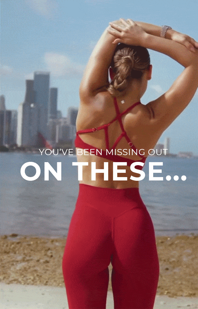 gif of model working out in Internal Scrunch Leggings in Red Velvet with text