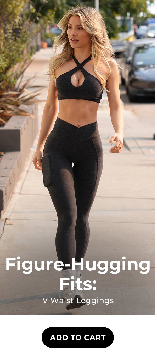 image of model wearing Contour Leggings in Heathered Black with text and button