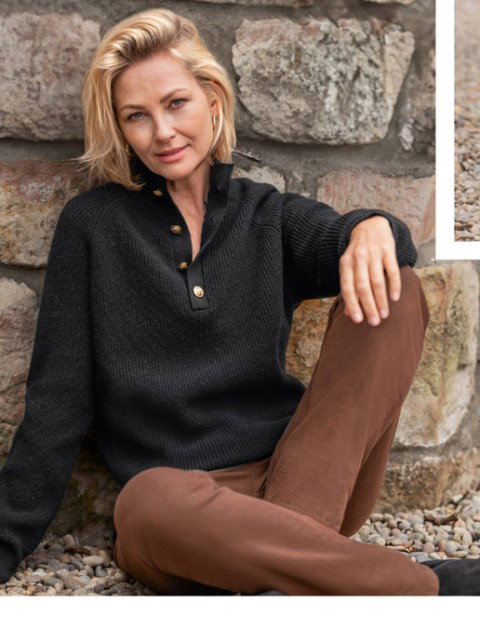 Ladies Lambswool Ribbed Gold Button-Neck Jumper