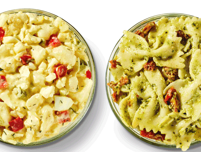 Pesto Bowtie Salad, Homestyle Potato Salad, Desserts, Chips or Pickle