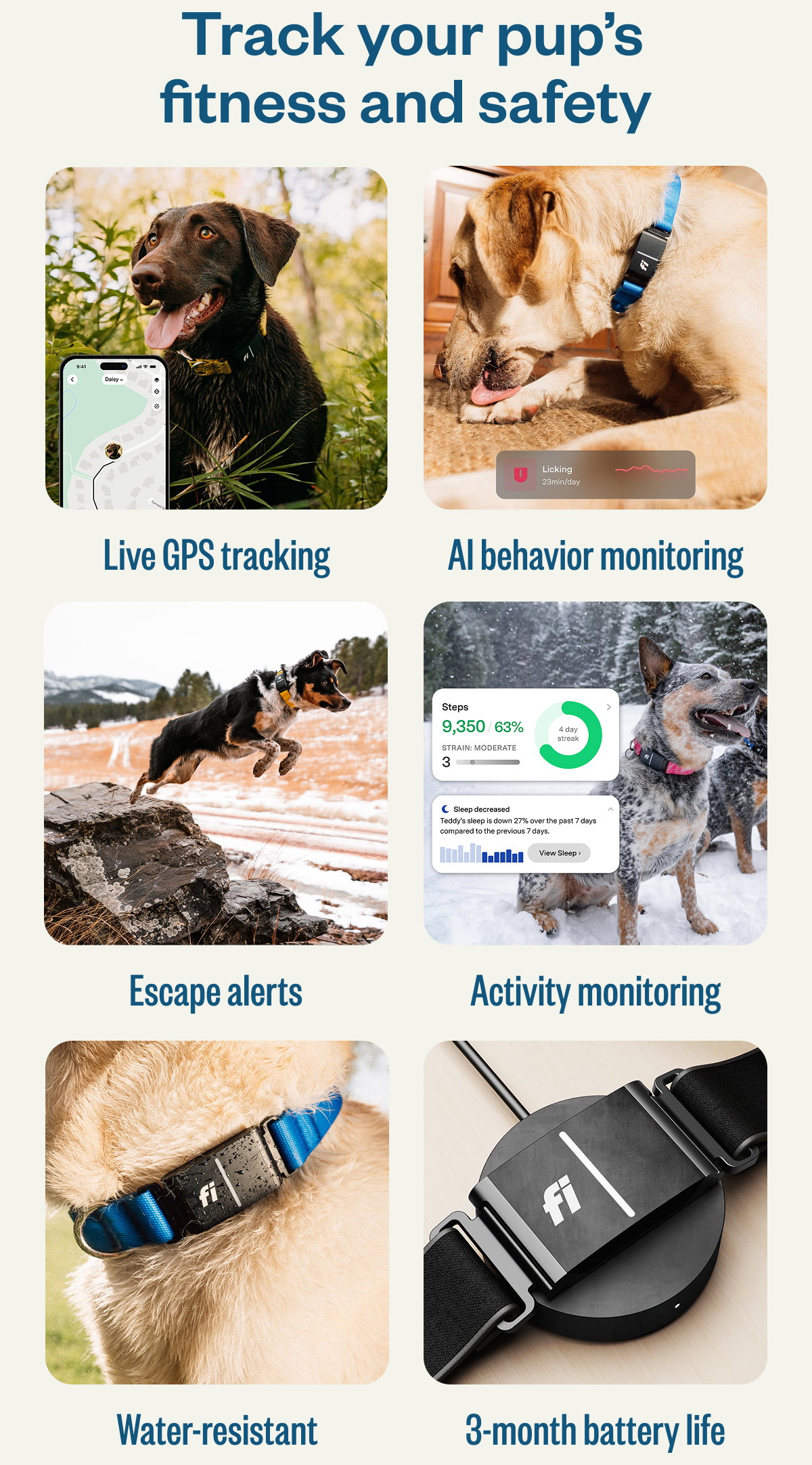 Track your pup’s fitness and safety Live GPS tracking AI behavior monitoring Escape alerts Activity monitoring Water-resistant 3-month battery life