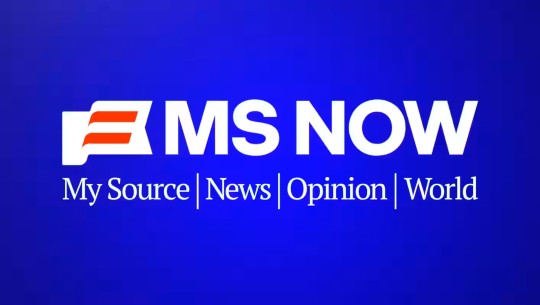 The new name for MSNBC, MS Now, next to a stylized but abstract flag image with white and red stripes, above the text "My Source / News / Opinion / World"