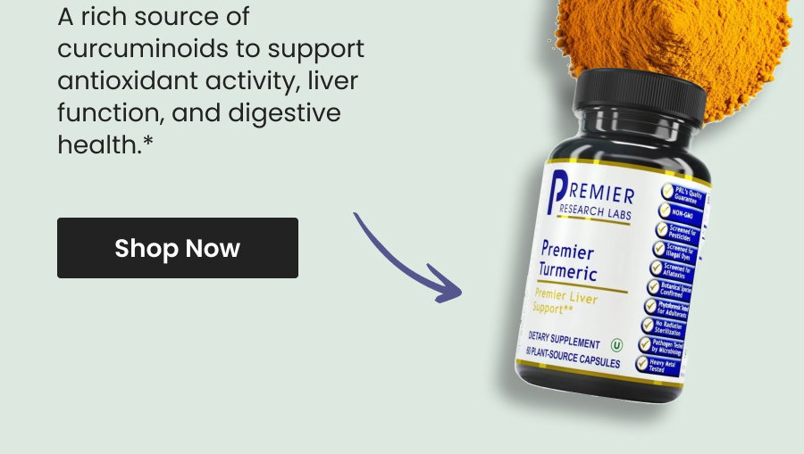A rich source of curcuminoids to support antioxidant activity, liver function, and digestive health.* Shop Premier Turmeric by Premier Research Labs.