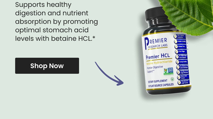 Supports healthy digestion and nutrient absorption by promoting optimal stomach acid levels with betaine HCL.* Shop Premier HCL by Premier Research Labs.