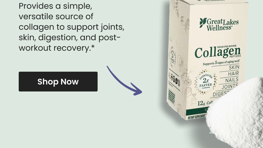 Provides a simple, versatile source of collagen to support joints, skin, digestion, and post-workout recovery.* Shop Collagen Peptides by Great Lakes Wellness.
