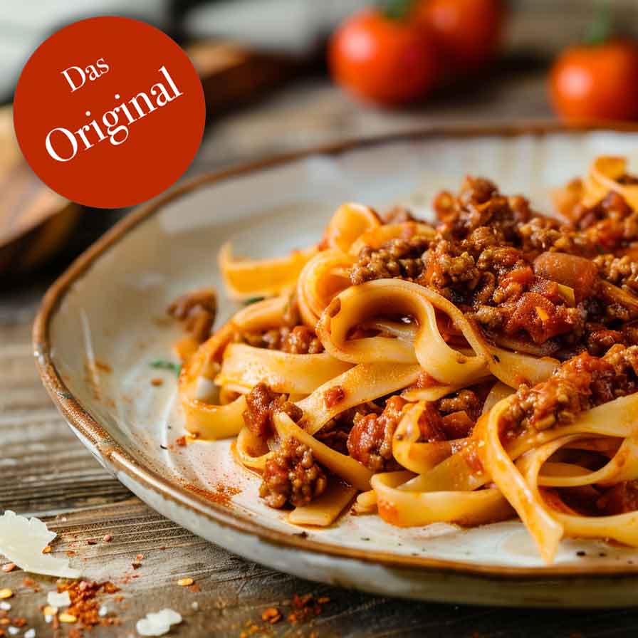 Ragú alla Bolognese auf einem Keramikteller