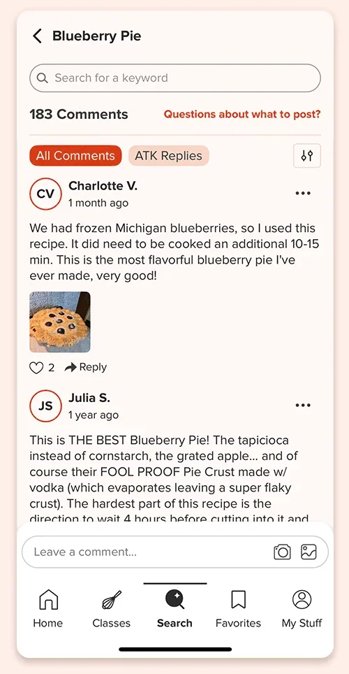 Screen from the ATK App showing test cook replies in the recipe comments.