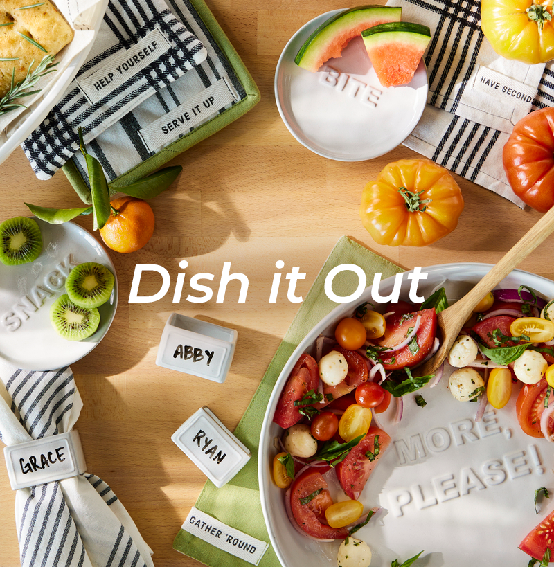Gather Round serveware with various fruits and veggies on a wooden table. A headline reads Dish it Out.