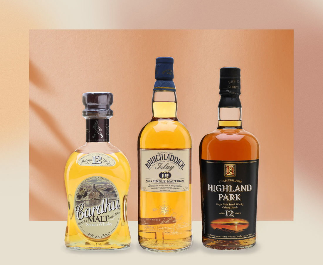 Cardhu 12 Year Old / Bot.1980s, Bruichladdich 10 Year Old / Bot.1990s, Highland Park 12 Year Old / Bot.1990s