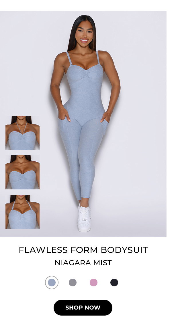 images of model wearing Flawless Form Bodysuit in Niagara Mist with text, color swatches, and button