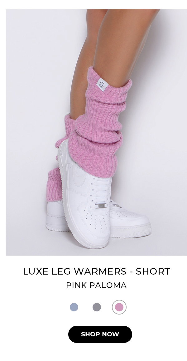 image of Luxe Leg Warmers - Short in Pink Paloma with text, color swatches, and button