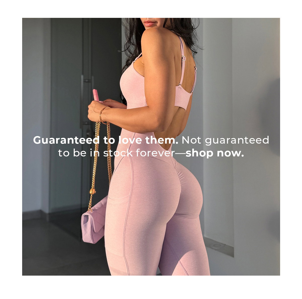 back image of model wearing Flawless Form Bodysuit in Pink Paloma with text