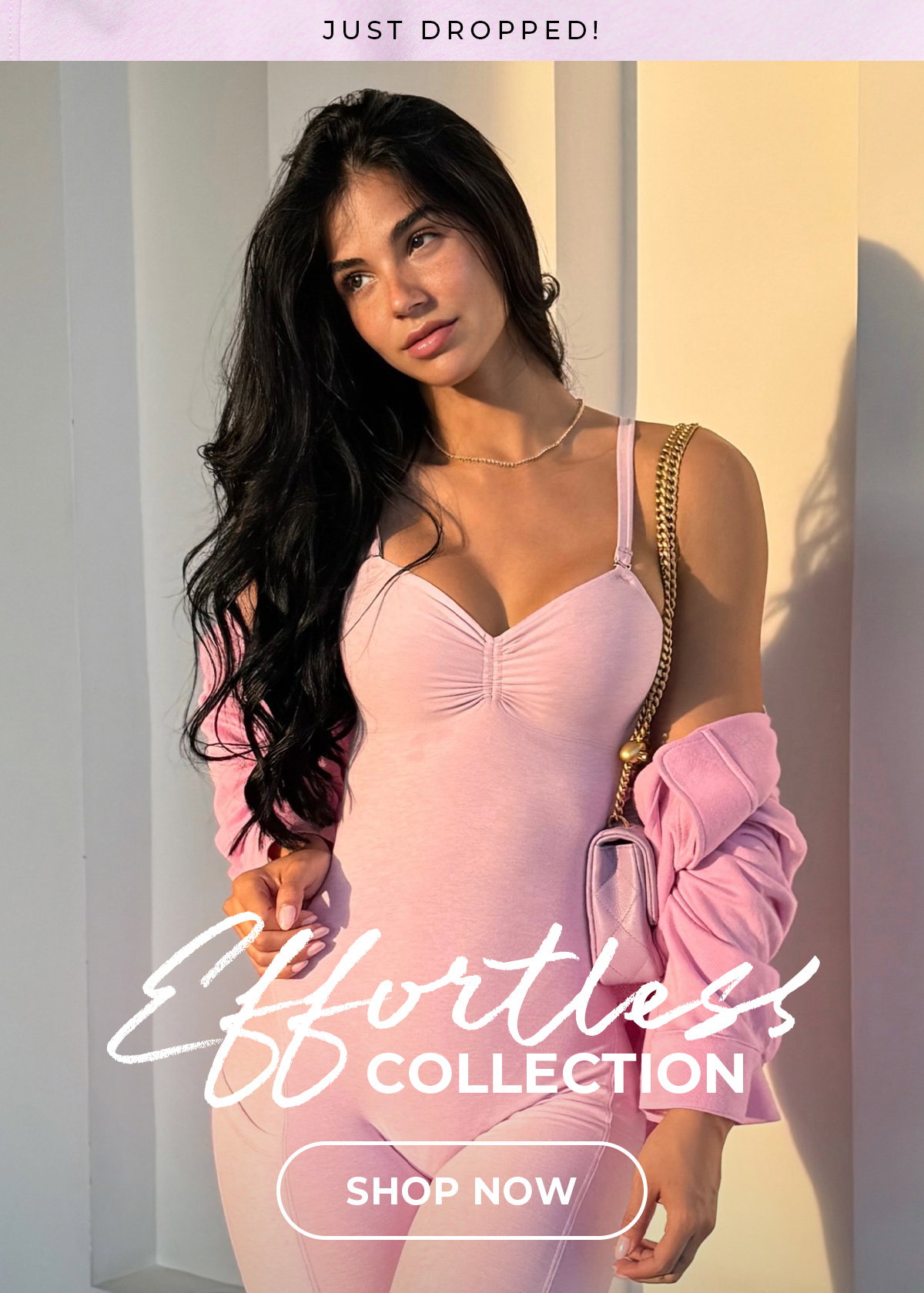 image of model wearing Effortless set in Pink Paloma with text and button
