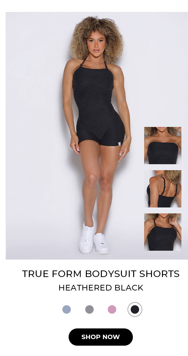images of model wearing True Form Bodysuit Shorts in Heathered Black with text, color swatches, and button