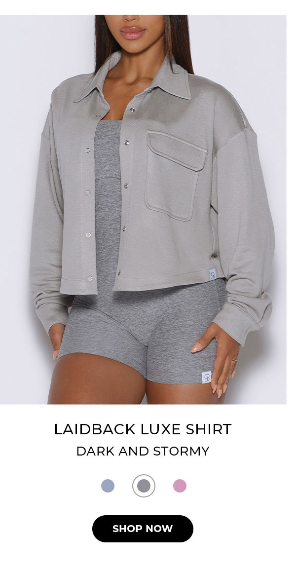 image of model wearing Laidback Luxe Shirt in Dark and Stormy with text, color swatches, and button