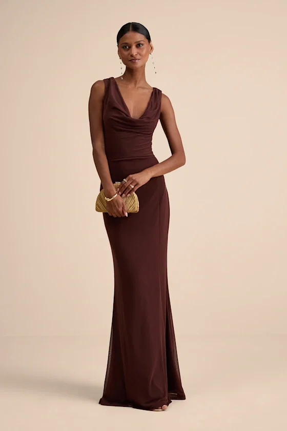 Image of Stunning Mystery Brown Mesh Cowl Back Mermaid Maxi Dress