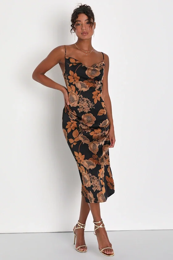 Image of Favorite Icon Black Floral Satin Cowl Neck Slip Midi Dress