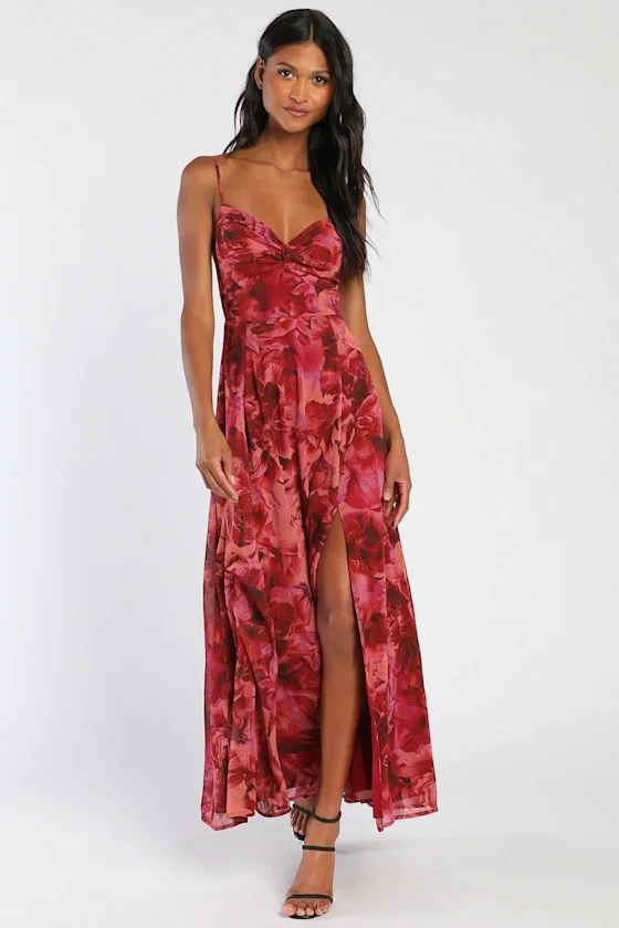 Image of Beautiful Soul Burgundy Floral Print Twist-Front Maxi Dress