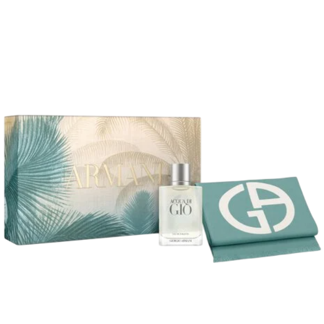 A Giorgio Armani Acqua di Giò Profondo gift set on a white background, featuring a teal blue box with a silver ARMANI logo and ginkgo leaf pattern, alongside a large and a smaller bottle of the Acqua di Giò Profondo Eau de Parfum, both with a dark blue to clear gradient