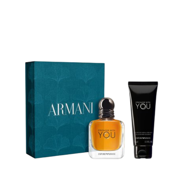 A Giorgio Armani "Stronger With You" gift set on a white background, featuring a teal blue box with a silver "ARMANI" logo and ginkgo leaf pattern, alongside a "Stronger With You" perfume bottle and a matching body lotion & shower gel tube