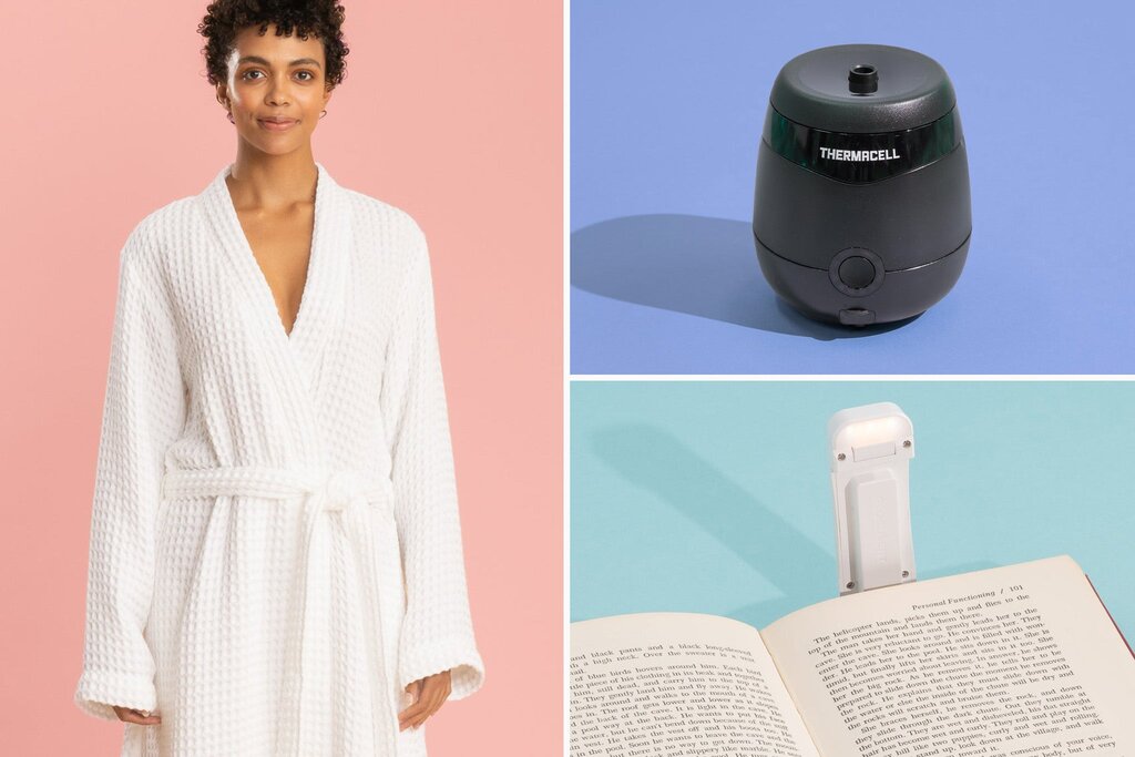 Clockwise, from left to right: a waffle robe, Thermocell mosquito repellent, and a Glocusent book light.